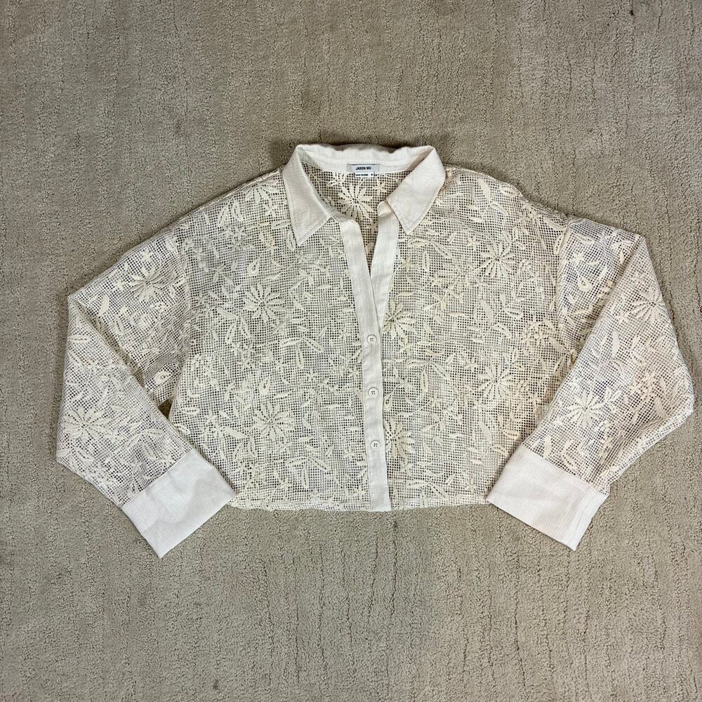 Jason Wu Women M Cropped Ivory Floral Lace Collard Button Down Shirt Elevated